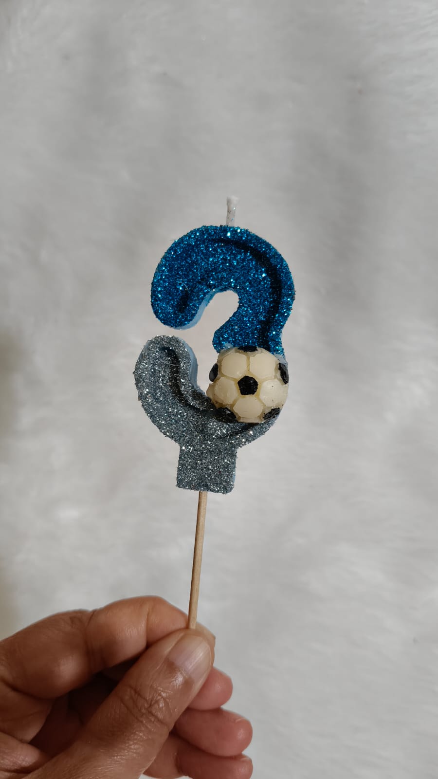 THREE BLUE FOOTBALL GLITTER  NUMBER DESIGNER CANDLE WITH STICK