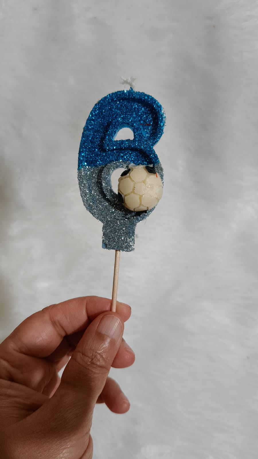 SIX BLUE FOOTBALL GLITTER  NUMBER DESIGNER CANDLE WITH STICK