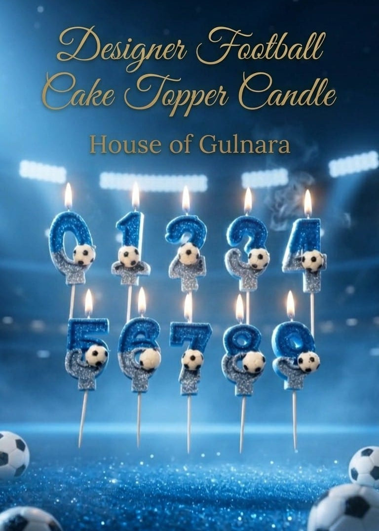 SIX BLUE FOOTBALL GLITTER  NUMBER DESIGNER CANDLE WITH STICK