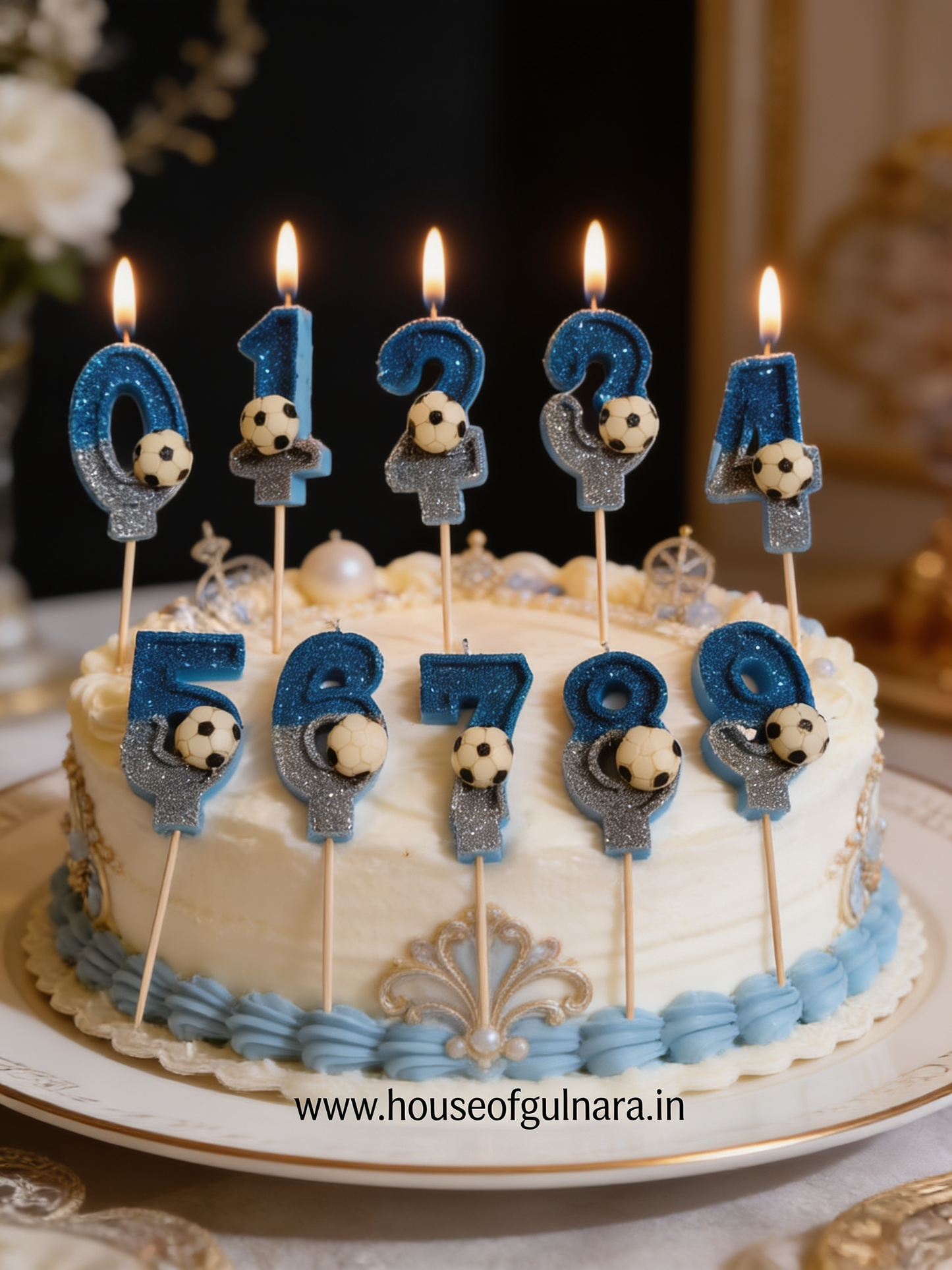 FULLSET 0 TO 9 BLUE FOOTBALL GLITTER  NUMBER DESIGNER CANDLE WITH STICK
