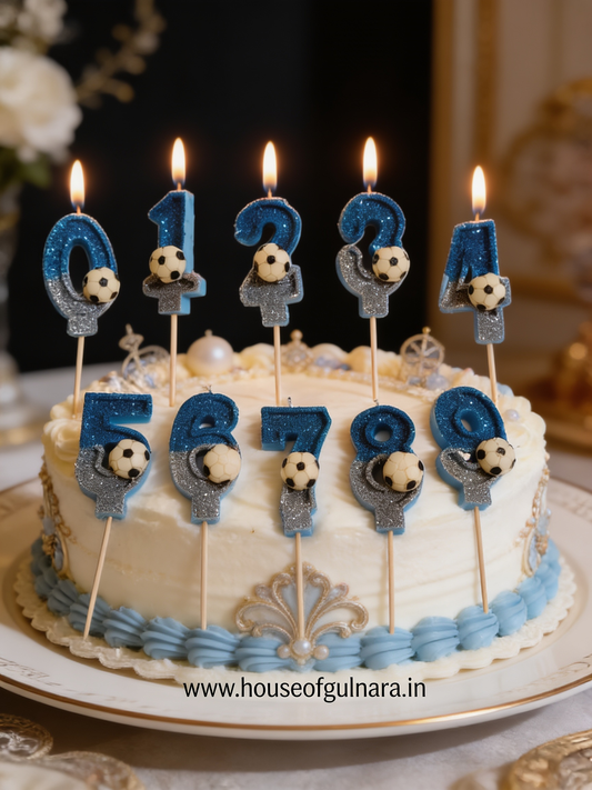 FULLSET 0 TO 9 BLUE FOOTBALL GLITTER  NUMBER DESIGNER CANDLE WITH STICK