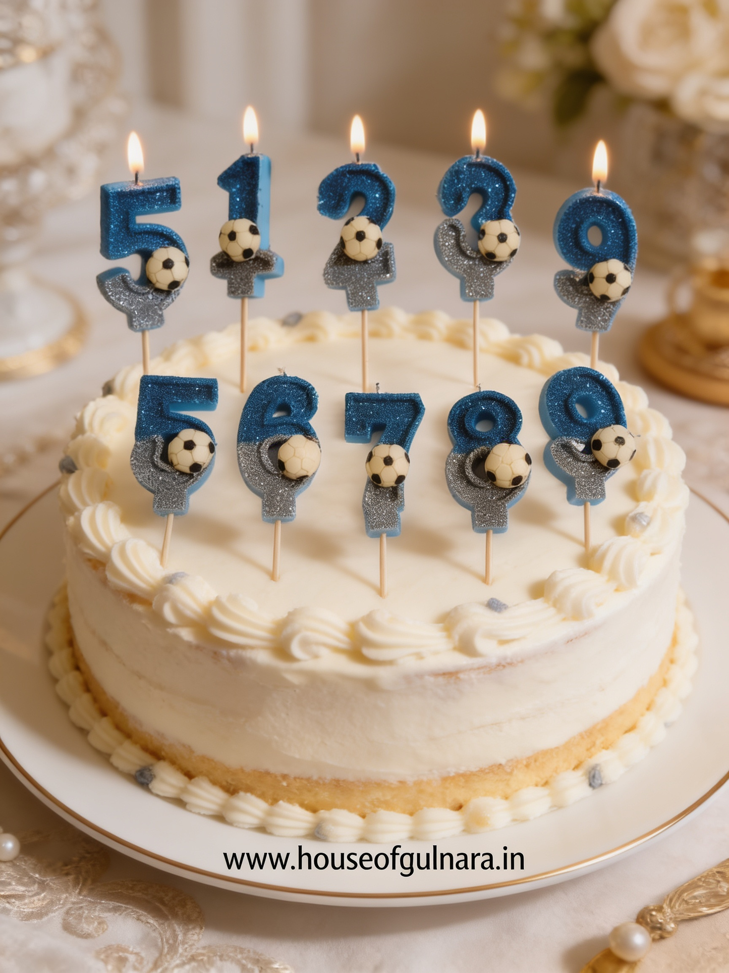 FULLSET 0 TO 9 BLUE FOOTBALL GLITTER  NUMBER DESIGNER CANDLE WITH STICK