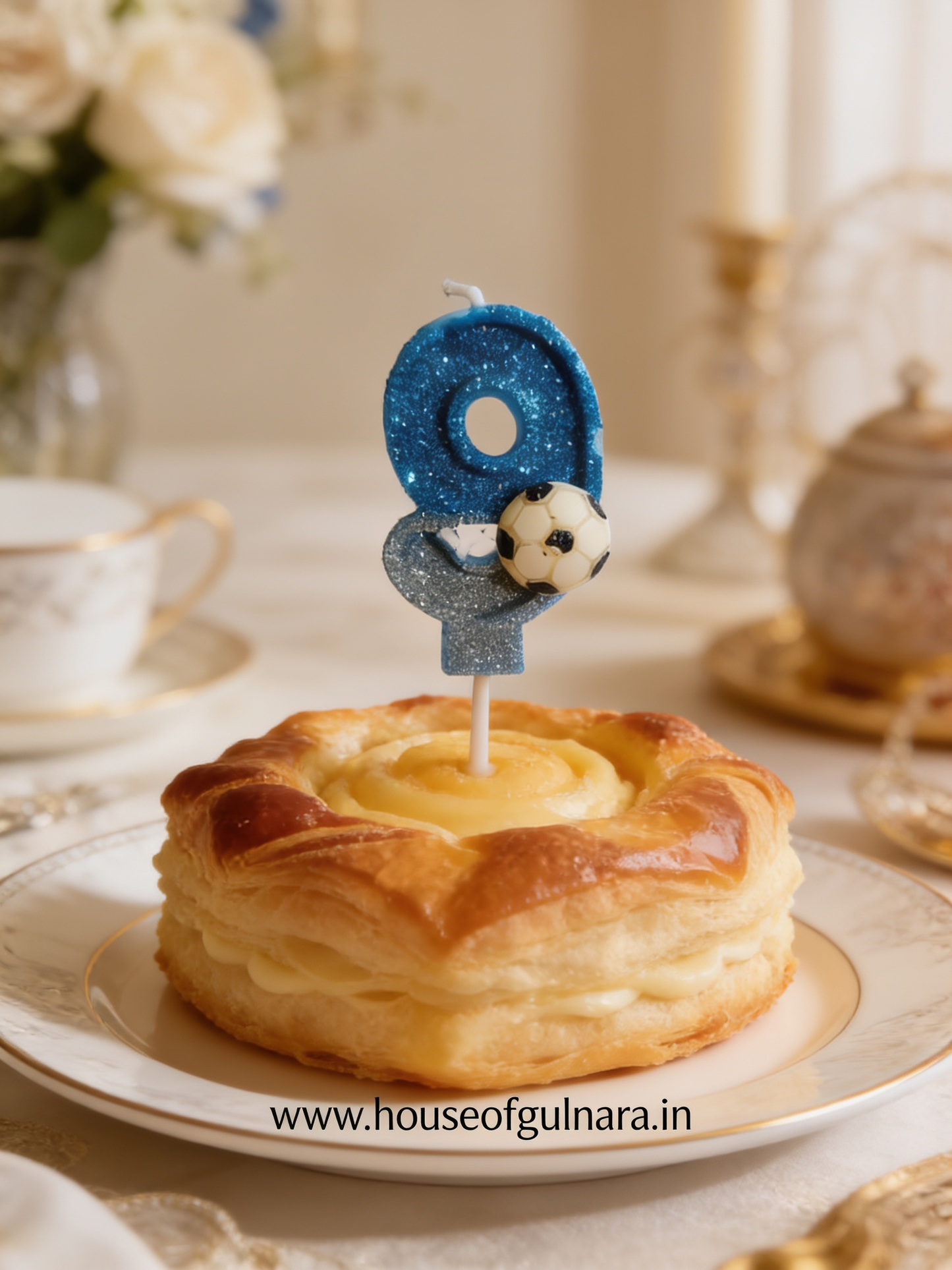 NINE BLUE FOOTBALL GLITTER  NUMBER DESIGNER CANDLE WITH STICK