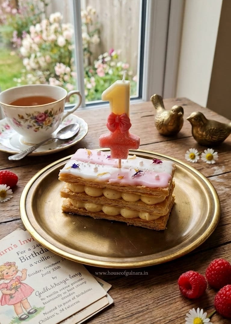 Small cake with a number 1 candle, tea cup, and birthday card on a wooden table with flowers in the background.
