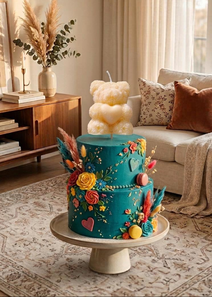 Teddy bear candle with stick-cake topper